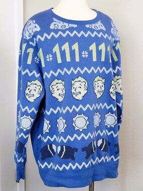 Bethesda Fallout Vault Boy 111 Ugly Christmas Sweater Blue XL Gaming Holiday